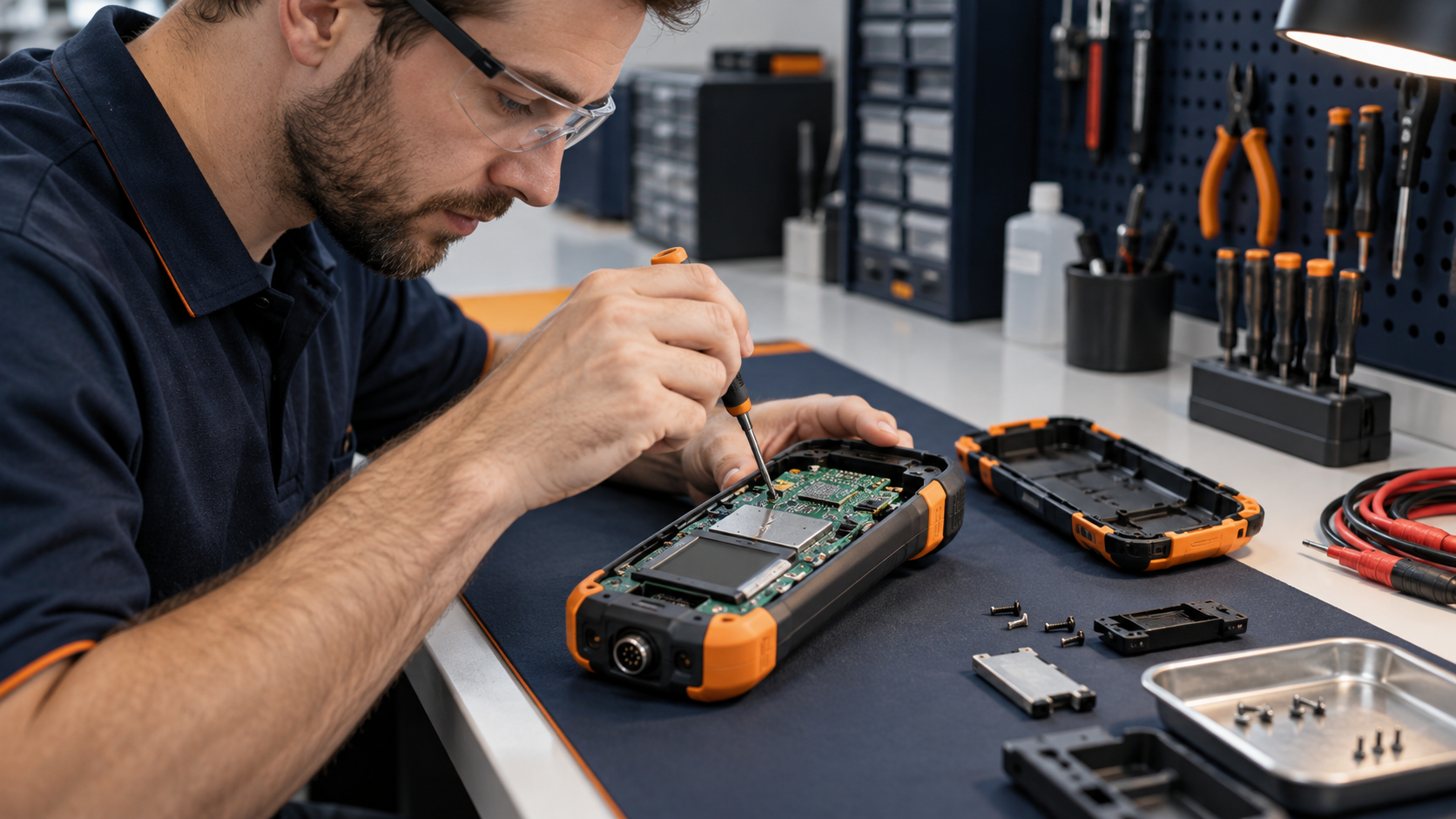 Illustration of a technician repairing a handheld instrument